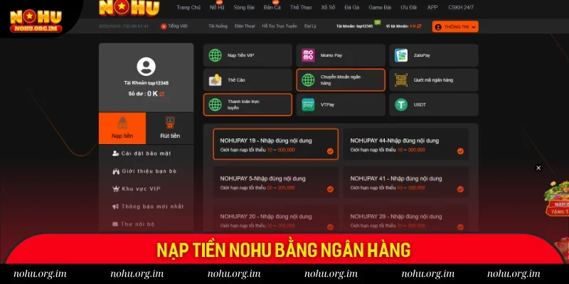 Nạp tiền Nohu dễ dàng với Smart Banking